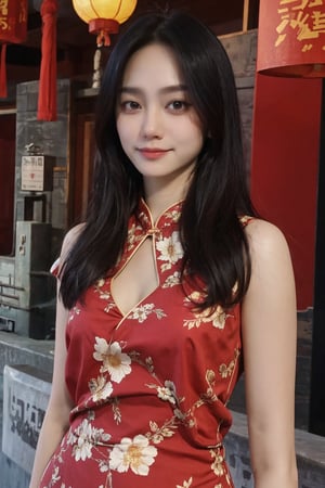 1girl, black hair, long hair, standing, full-body shot, smiling, Cheongsam (Chinese style dress), elegant, detailed eyes, blush on the cheeks, traditional Chinese architecture background, lanterns, red and gold colors, depth of field, realistic, soft light, cinematic composition:1.3, best quality, masterpiece