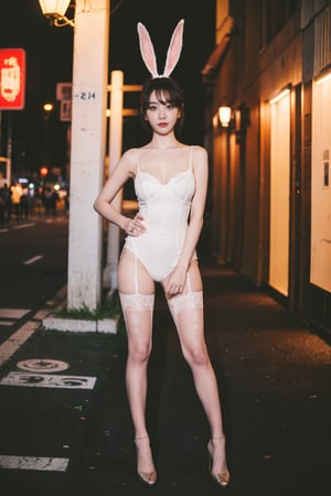 1girl, black hair, bunny girl costume, standing, full body, street background, cityscape, night time, neon signs, (sexy:0.8), beautiful, detailed eyes, playful pose, high heels, lacey stockings, (bunny ears:1.2), (tail:1.2), urban atmosphere, vibrant colors, (cinematic composition:1.3), wide-angle lens, best quality, masterpiece