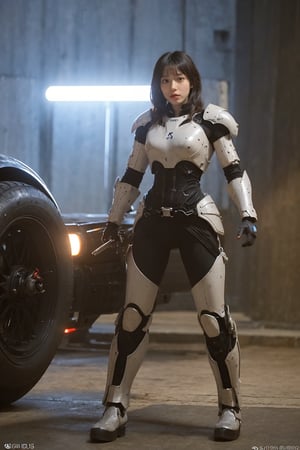 提示词参考：1 girl, black hair, full body shot, modern mecha suit, high-tech, futuristic design, exoskeleton, detailed armor plating, LED lights, dynamic pose, (energy weapon:1.0), cybernetic enhancements, (glowing circuits:0.8), battle-ready stance, cityscape background, neon signs, nighttime, (reflections on armor:1.3), (smoke effect:0.7), cinematic composition, depth of field, realistic textures, ambient light, HDR, Accent Lighting, wide-angle lens, best quality, masterpiece.