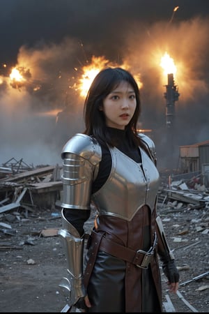 1girl, black hair, futuristic weapon, in combat, dynamic pose, intense expression, detailed eyes, (leather armor:1.3), glowing weapon, (energy shield:1.2), battlefield background, destroyed buildings, smoke, explosions in distance, (neon accents:0.8), high contrast lighting, (cinematic composition:1.5), wide-angle lens, best quality, masterpiece.