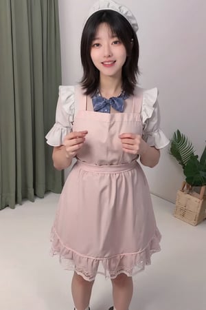 1girl, black hair, maid costume, full body, standing, smiling, room interior, detailed eyes, cute, youthful, light blush, looking at viewer, lace headwear, apron, dress with puff sleeves, bowtie, socks, shoes, floorboards, windows, curtains, furniture, beautifully detailed background, realistic, soft lighting, (cinematic composition:1.3), wide-angle lens, best quality, masterpiece.