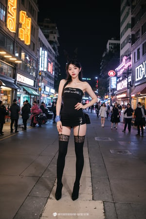 1girl, black hair, bunny girl costume, standing, full body, street background, cityscape, night time, neon signs, (sexy:0.8), beautiful, detailed eyes, playful pose, high heels, lacey stockings, (bunny ears:1.2), (tail:1.2), urban atmosphere, vibrant colors, (cinematic composition:1.3), wide-angle lens, best quality, masterpiece