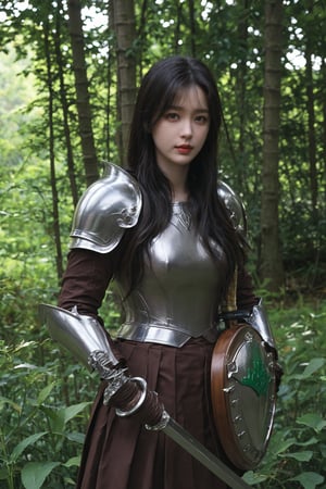 1girl, black hair, full body, armor, holding a sword and shield, forest background, (trees:1.2), (green leaves:1.3), (sunlight filtering through trees:1.1), detailed texture on armor, medieval style, determined expression, ready for battle, (shield design:0.8), (sword details:1.4), natural lighting, peaceful yet tense atmosphere, high resolution, best quality, masterpiece.