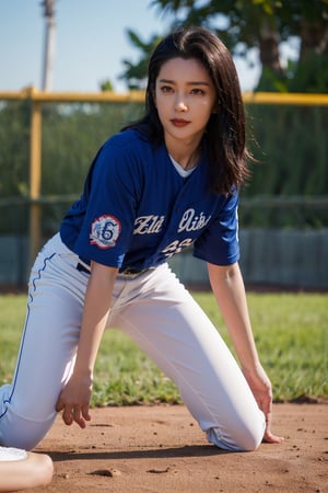 1girl, black hair, young, baseball uniform, full body shot, detailed eyes, beautiful, (sporty vibe:1.2), dynamic pose, outdoor field, sunny day, grass, dirt path, (baseball bat:0.9), (baseball glove:0.9), clear blue sky, high resolution, depth of field, realistic, ambient light, (cinematic composition:1.3), HDR, Accent Lighting, wide-angle lens, best quality, masterpiece.