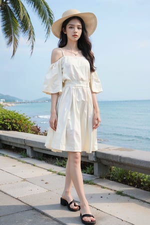 1girl, beautiful, walking on the beach, long hair, blonde, blue eyes, white dress, summer vibes, sandals, seashell necklace, sunhat, sunset background, ocean waves, golden hour light, tropical palm trees, seagulls flying, peaceful atmosphere, (vivid colors:1.2), (warm tones:1.1), wide-angle lens, cinematic composition, best quality, masterpiece