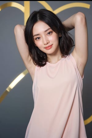 1girl, black hair, smiling, ID photo style, solid color background, (18yo),(arms behind head:1.2), clear skin, bright eyes, natural makeup, casual clothing, high resolution, best quality, masterpiece.