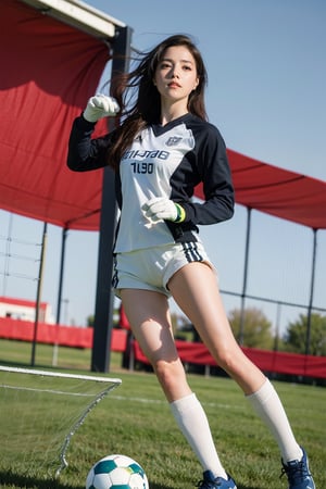 1girl, beautiful, black hair, long hair, detailed eyes, athletic, goalkeeper, soccer field, flying posture, (catching the ball:1.3), green grass, white goalposts, net, blue sky, sunny, dynamic pose, sportswear, gloves, cleats, action-packed, depth of field, realistic, ambient light, wide-angle lens, best quality, masterpiece.