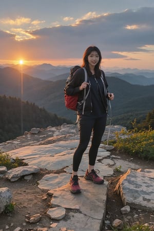 1girl, black hair, standing on a mountain top, full body shot, wearing climbing gear, hiking attire, (mountain range:1.3), (peak:1.2), (sunset:0.9), vibrant colors, clear sky, high resolution, realistic style, wide-angle lens, best quality, masterpiece.