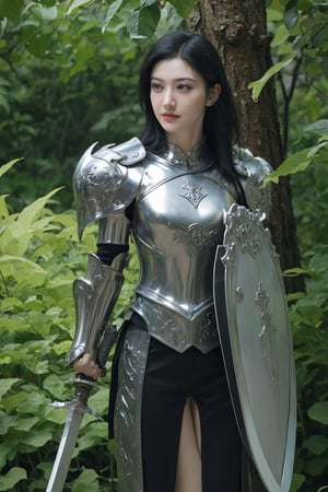 1girl, black hair, full body, armor, holding a sword and shield, forest background, (trees:1.2), (green leaves:1.3), (sunlight filtering through trees:1.1), detailed texture on armor, medieval style, determined expression, ready for battle, (shield design:0.8), (sword details:1.4), natural lighting, peaceful yet tense atmosphere, high resolution, best quality, masterpiece.