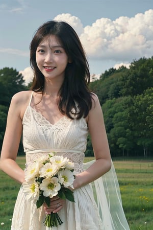 1girl, young woman,(25yo), black hair, long hair, detailed face, white wedding dress, holding a bouquet of roses, standing in a garden, smiling at the viewer, blooming flowers around, green grass, blue sky with fluffy clouds, realistic, ambient light, depth of field, (cinematic composition:1.3), soft focus on the subject, HDR, Accent Lighting, wide-angle lens, best quality, masterpiece