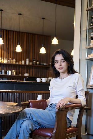 1girl, beautiful, black hair, smiling, sitting in a cafe, (18yo), detailed eyes, light blush, casual wear, white t-shirt, jeans, coffee cup in hand, surrounded by cafe ambiance, wooden tables, cozy lighting, books on shelves, (vintage clock:1.2), realistic, depth of field, ambient light, (cinematic composition:1.3), soft focus background, HDR, Accent Lighting, medium shot, best quality, masterpiece.