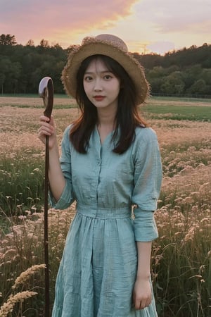 1girl, beautiful, black hair, long hair, farmer, field, agriculture, (18yo), innocent, detailed eyes, green dress, straw hat, holding scythe, wheat, sunset, peaceful, serene, rural, natural light, high resolution, best quality, masterpiece. 