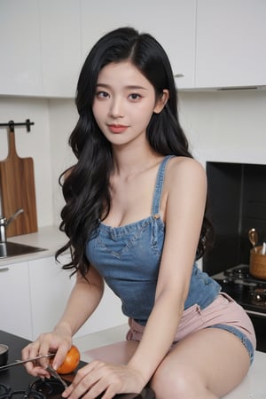 1girl, cooking, black hair, young, sexy, wearing apron, (beautiful detailed eyes:1.2), (cute smile:0.9), kitchen, stove, pots and pans, steam rising, chopping vegetables, (detailed fingers:1.3), focused expression, light blush, white tank top, short denim shorts, bare feet, (ambient light in kitchen:1.1), homely atmosphere, vivid colors, high-definition, realistic textures, (wide-angle lens:1.0), best quality, masterpiece.