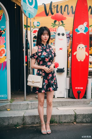 1girl, beautiful, black hair, long hair, detailed eyes, (18yo), elegant, shopping, street fashion, summer outfit, floral dress, white, sandals, carrying a bag, sunny day, city backdrop, pedestrians, urban, vibrant colors, realistic style, ambient light, (cinematic composition:1.2),best quality, masterpiece.