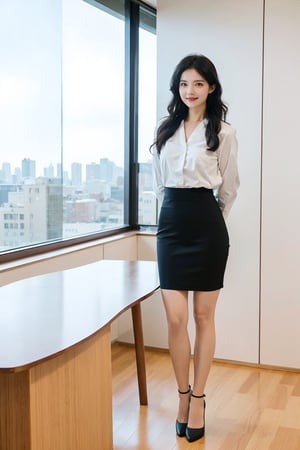 1girl, black hair, office setting, professional uniform, standing pose, full body shot, smiling, black stockings, white blouse, pencil skirt, high heels, modern office background, city skyline view through window, daylight, detailed eyes, friendly expression, (office lady:1.2), best quality, masterpiece.