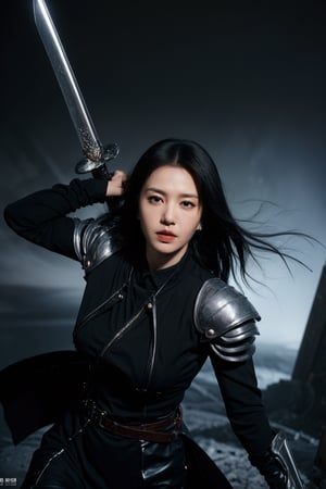 1girl, black hair, combat pose, (20yo), determined expression, glowing sword, shield, futuristic armor, dynamic action, energy effects, battlefield background, (explosion in distance:0.8), smoke, debris, high contrast lighting, (sword glow intensity:1.3), wide-angle lens, best quality, masterpiece.