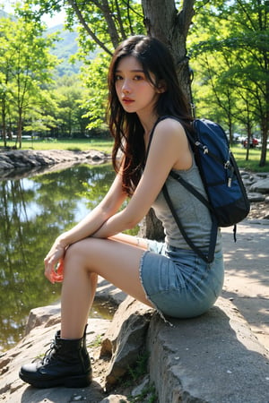 1girl, mountain climbing, beautiful, black hair, long hair, athletic, determined, nature, rocky terrain, (mountain peak:1.3), clear sky, sunlight, trees, (vivid colors:1.2), detailed expressions, dynamic pose, (rope:0.9), (carabiner:0.9), hiking boots, backpack, outdoor adventure, serene atmosphere, depth of field, realistic, ambient light, wide-angle lens, best quality, masterpiece.