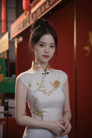 1girl, black hair, long hair, standing, full-body shot, smiling, Cheongsam (Chinese style dress), elegant, detailed eyes, blush on the cheeks, traditional Chinese architecture background, lanterns, red and gold colors, depth of field, realistic, soft light, cinematic composition:1.3, best quality, masterpiece