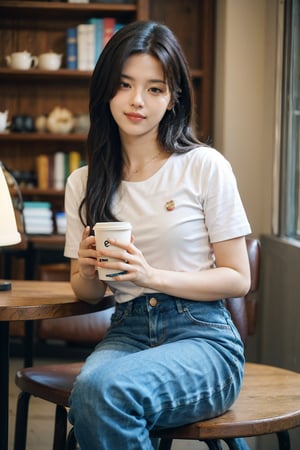 1girl, beautiful, black hair, smiling, sitting in a cafe, (18yo), detailed eyes, light blush, casual wear, white t-shirt, jeans, coffee cup in hand, surrounded by cafe ambiance, wooden tables, cozy lighting, books on shelves, (vintage clock:1.2), realistic, depth of field, ambient light, (cinematic composition:1.3), soft focus background, HDR, Accent Lighting, medium shot, best quality, masterpiece.