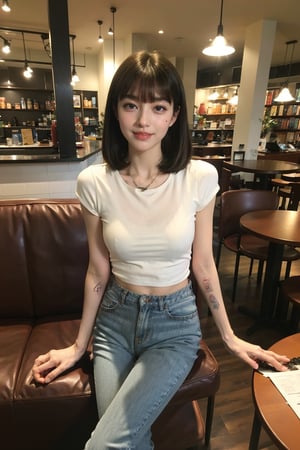 1girl, beautiful, black hair, smiling, sitting in a cafe, (18yo), detailed eyes, light blush, casual wear, white t-shirt, jeans, coffee cup in hand, surrounded by cafe ambiance, wooden tables, cozy lighting, books on shelves, (vintage clock:1.2), realistic, depth of field, ambient light, (cinematic composition:1.3), soft focus background, HDR, Accent Lighting, medium shot, best quality, masterpiece.