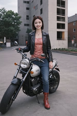 1girl, black hair, solo, (20yo), beautiful detailed eyes, smiling,leather jacket, jeans, boots, motorcycle, dynamic pose, clear sky background, realistic style, ambient light, (cinematic composition:1.3), wide-angle lens, best quality, masterpiece