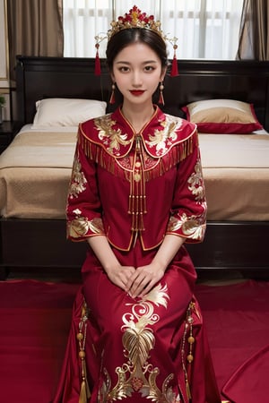  best quality,highly detailed,1girl,
a woman in a red and gold clothes, phoenix coronet,(sitting on red bed),blush,shy,black_hair, earrings,  indoors, jewelry, long_sleeves, red lips, tassel, Red quilt,(red palace:1.2),looking_at_viewer,smile