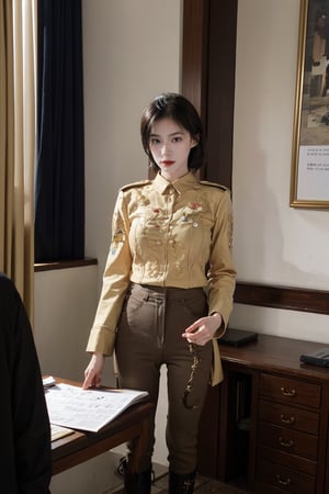 1girl, black hair, young, military general, full-body portrait, detailed uniform, (golden embroidery:1.2), epaulettes, (rank insignia:1.3), sharp eyes, determined expression, standing posture, holding a sword, (sword details:1.1), leather boots, (boot details:1.05), background suggestive of a war room, maps, strategy papers, dim lighting, realistic, depth of field, (cinematic composition:1.3), high resolution, best quality, masterpiece.