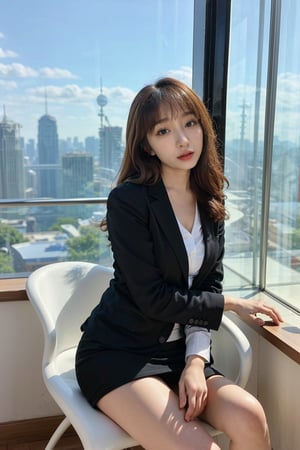 1girl, office lady, solo, (20yo), beautiful, detailed eyes, black hair, long hair, professional attire, suit jacket, pencil skirt, high heels, sitting at desk, computer on desk, office environment, modern interior, window view, sunlight, beautifully detailed background, depth of field, realistic, ambient light, (cinematic composition:1.3), HDR, Accent Lighting, wide-angle lens, best quality, masterpiece