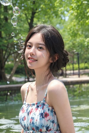 1girl, black hair, solo, (teenager:1.1), joyful expression, playing in water, splashing, summer, outdoor, daytime, sunny, clear blue sky, bright sunlight, natural light, reflections on water surface, detailed ripples and waves, (water droplets on skin:1.3), (dynamic water movement:1.2), vibrant colors, best quality, masterpiece.