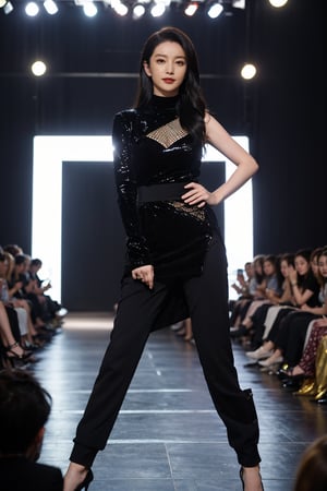 1girl, black hair, teenager, fashion model, smiling, full-body shot, runway, high heels, stylish outfit, (glowing skin:1.2), vibrant makeup, (eye contact with viewer:1.3), dynamic pose, spotlight on model, audience in background, blurred, fashion show atmosphere, elegant, (catwalk:1.0), best quality, masterpiece.