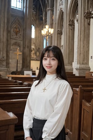 1girl, black hair, long hair, nun uniform, standing, church background, smiling, detailed eyes, (16yo), white habit, (cross necklace:1.2), soft lighting, stained glass windows, pews, altar in distance, high ceilings, peaceful atmosphere, depth of field, realistic, (cinematic composition:1.3), HDR, Accent Lighting, wide-angle lens, best quality, masterpiece.