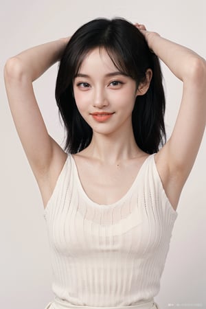 1girl, black hair, smiling, ID photo style, solid color background, (18yo),(arms behind head:1.2), clear skin, bright eyes, natural makeup, casual clothing, high resolution, best quality, masterpiece.