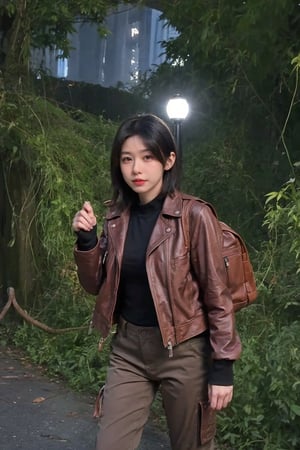 1girl, black hair, young, adventurer, exploring, outdoor, tunnel, wilderness, (leather jacket:1.2), (cargo pants:1.1), hiking boots, backpack, headlamp, (dust:0.8), (cobwebs:0.9), mysterious atmosphere, dim light, damp walls, rocky terrain, (moss:1.0), (vines:1.0), best quality, masterpiece