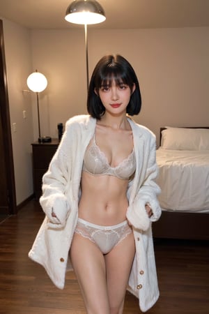 1girl, black hair, unzipping coat, (lace underwear:1.2), full body shot, boyfriend's perspective, (sexy:1.2), (beautiful:1.3), detailed eyes, soft skin, (blushing cheeks:0.9), (shy smile:1.1), dimly lit room, warm ambient light, intimate setting, cinematic composition, shallow depth of field, best quality, masterpiece.