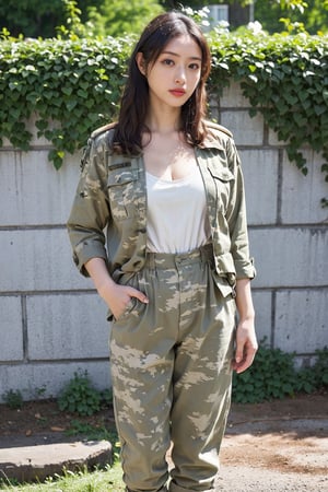 1girl, black hair, full body, standing, military uniform, detailed eyes, determined expression, (Cleavage), combat boots, camouflage pants, olive green jacket, epaulettes, (rank insignia:1.2), realistic, outdoor, barracks background, (sunlight filter:1.0), high resolution, depth of field, best quality, masterpiece