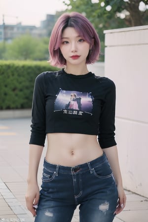 Best quality,masterpiece,ultra high res,solo,1girl,nail polish,looking at viewer,black pants,english text,bag,shirt,pants,midriff,cowboy shot,blurry,multicolored hair,navel,jewelry,short hair,purple nails,jacket,depth of field,black shirt,earrings,zipper,,(photos printed on clothes:1.5),(the clothes have their own portrait printed on them:1.5),smile