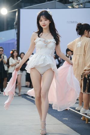 1girl, swimsuit, black hair, long hair, (beach:0.8), runway, fashion show, spotlight, glamorous, confident pose, high heels, summer vibe, audience cheering, (young:1.2), beautiful, detailed, best quality, masterpiece.