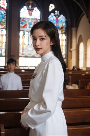 1girl, black hair, long hair, nun uniform, standing, church background, smiling, detailed eyes, (16yo), white habit, (cross necklace:1.2), soft lighting, stained glass windows, pews, altar in distance, high ceilings, peaceful atmosphere, depth of field, realistic, (cinematic composition:1.3), HDR, Accent Lighting, wide-angle lens, best quality, masterpiece.