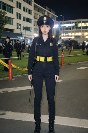 1girl, black hair, young, female police officer, patrolling, street view, full body shot, uniform, cap, badge, utility belt, nightstick, focused expression, city background, daytime, realistic style, high-quality resolution, masterpiece.