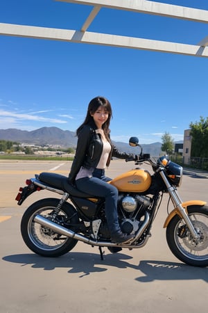 1girl, black hair, solo, (20yo), beautiful detailed eyes, smiling,leather jacket, jeans, boots, motorcycle, dynamic pose, clear sky background, realistic style, ambient light, (cinematic composition:1.3), wide-angle lens, best quality, masterpiece