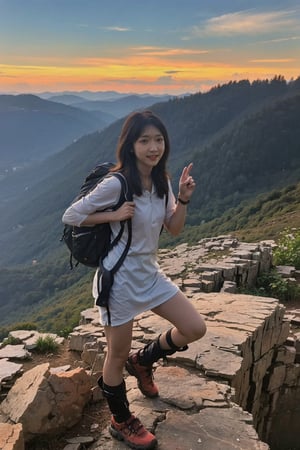 1girl, black hair, young lady, climbing a mountain, full body shot, athletic outfit, hiking boots, backpack, (sunrise:1.2), rocky terrain, greenery, high altitude, clear sky, (vivid colors:1.3), dynamic pose, determined expression, (sweating:0.8), natural light, wide-angle lens, best quality, masterpiece.