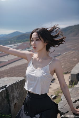 1girl, black hair, falling, cliff edge, panic expression, wind blowing hair, arms outstretched, (skirt billowing:1.2), rocky terrain below, (heightened sense of danger:1.3), dynamic motion, high detail, realistic style, ambient lighting, (shocking moment:1.5), HDR, wide-angle lens, best quality, masterpiece.