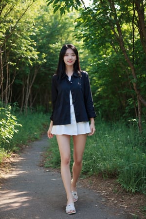 1girl, black hair, long hair, (smiling:1.2), forest, walking, full body shot, green trees, sunlight filtering through leaves, peaceful expression, casual attire, natural scenery, realistic style, best quality, masterpiece.