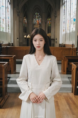 1girl, black hair, long hair, nun uniform, standing, church background, smiling, detailed eyes, (16yo), white habit, (cross necklace:1.2), soft lighting, stained glass windows, pews, altar in distance, high ceilings, peaceful atmosphere, depth of field, realistic, (cinematic composition:1.3), HDR, Accent Lighting, wide-angle lens, best quality, masterpiece.