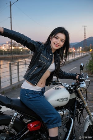 1girl, black hair, solo, (20yo), beautiful detailed eyes, smiling,leather jacket, jeans, boots, motorcycle, dynamic pose, clear sky background, realistic style, ambient light, (cinematic composition:1.3), wide-angle lens, best quality, masterpiece