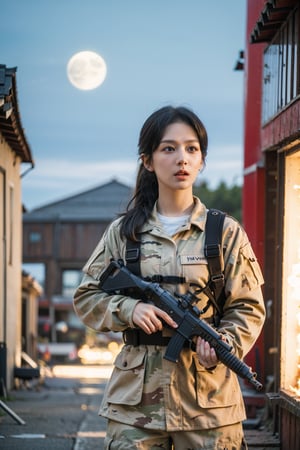 1girl, black hair, beautiful, detailed eyes, (18yo), determined expression, combat uniform, camouflage pattern, holding a rifle, firing pose, battlefield background, smoke, explosions in distance, ruined buildings, (moonlight:1.2), realistic, dynamic lighting, high-contrast, depth of field, (cinematic composition:1.3), gritty textures, wide-angle lens, best quality, masterpiece.