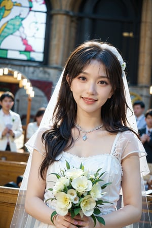 1girl, wedding scene, beautiful, black hair, long hair, (bride:1.2), white wedding dress, veil, holding bouquet, (smile:1.1), sparkling eyes, surrounded by guests, church interior, stained glass windows, flower decorations, candlelight, warm atmosphere, detailed background, depth of field, realistic, ambient light, (cinematic composition:1.3), high definition, best quality, masterpiece.