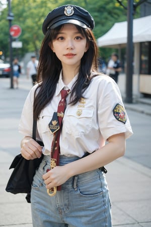 1girl, police officer, beautiful, black hair, long hair, detailed eyes, determined expression, patrolling, street, daytime, urban setting, uniform, hat, utility belt, handcuffs, baton, (20yo:0.8),sunlight, realistic, ambient light, depth of field, cinematic composition, wide-angle lens, best quality, masterpiece