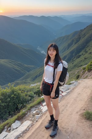 1girl, black hair, standing on a mountain top, full body shot, wearing climbing gear, hiking attire, (mountain range:1.3), (peak:1.2), (sunset:0.9), vibrant colors, clear sky, high resolution, realistic style, wide-angle lens, best quality, masterpiece.