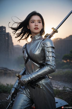 1girl, black hair, combat pose, (20yo), determined expression, glowing sword, shield, futuristic armor, dynamic action, energy effects, battlefield background, (explosion in distance:0.8), smoke, debris, high contrast lighting, (sword glow intensity:1.3), wide-angle lens, best quality, masterpiece.